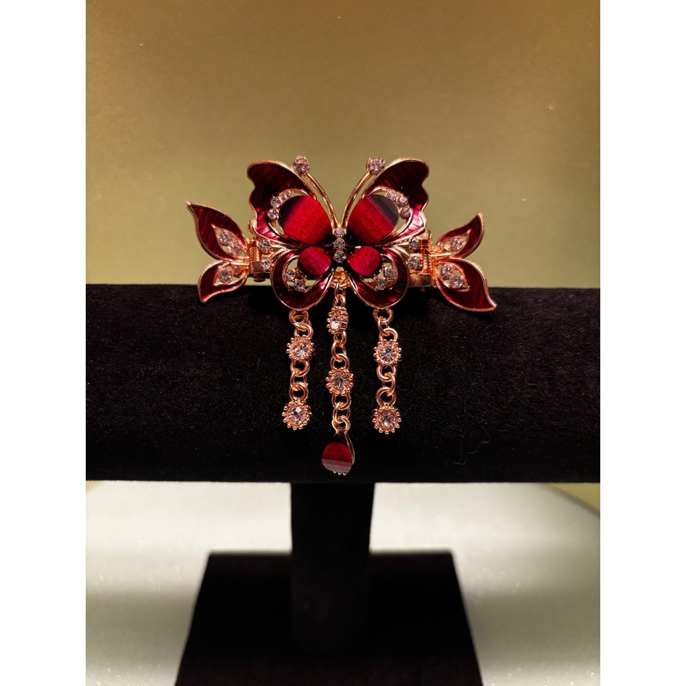 Red Enamel Butterfly Hair Clip Gold Tone Rhinestone Dangle Barrette‎ Accessory